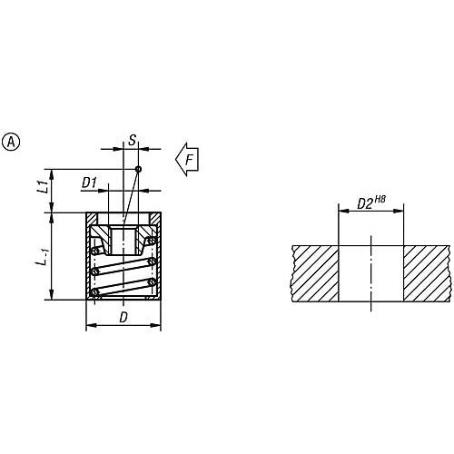KIPP K0370.31054 LATERAL SPRING PLUNGER, SPRING FORCE WITHOUT THRUST PIN, FORM:A WITHOUT SEAL D=10, L1=4, ALUMINIUM, COMP:STEEL