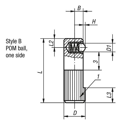 KIPP K0374.110 LATERAL SPRING PLUNGER SPRING FORCE, SINGLE SIDED, D=10 L=30, FORM:B, FREE-CUTTING STEEL, COMP:POLYACETAL