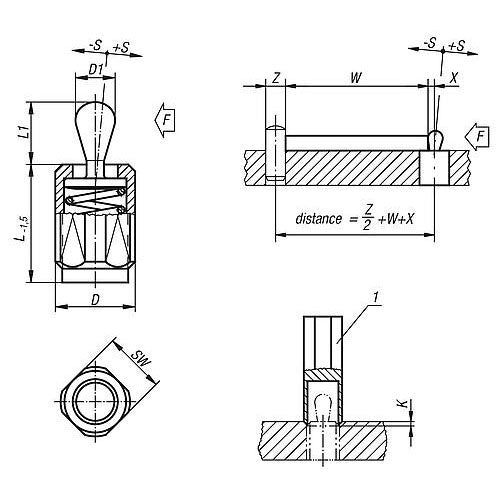 KIPP K0371.3200X43 LATERAL SPRING PLUNGER SPRING FORCE, WITH THREADED SLEEVE W. SEAL, D=M18X1,5 L=45, STEEL, COMP:STEEL