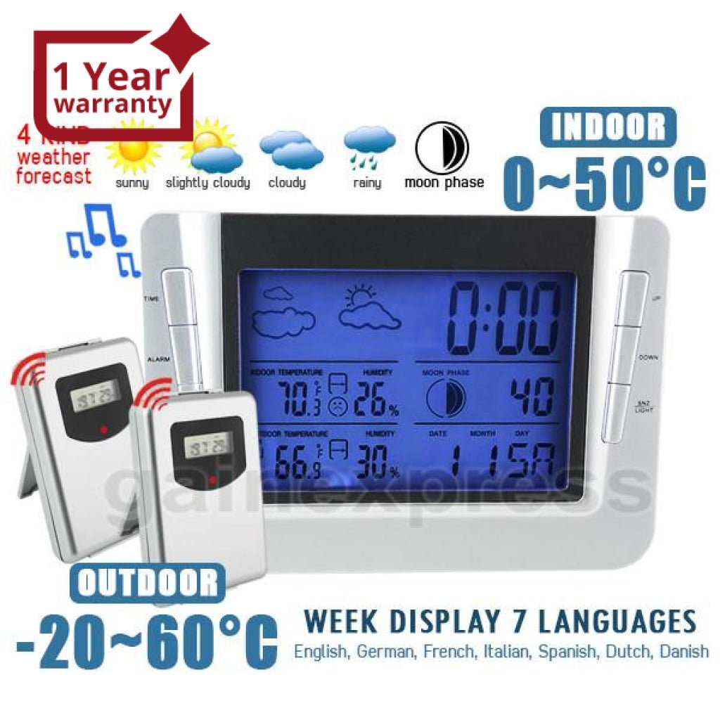 S08S608B_2S Wireless Weather Forecast Station Indoor Outdoor Temperature Humidity RCC Clock with 2 sensors