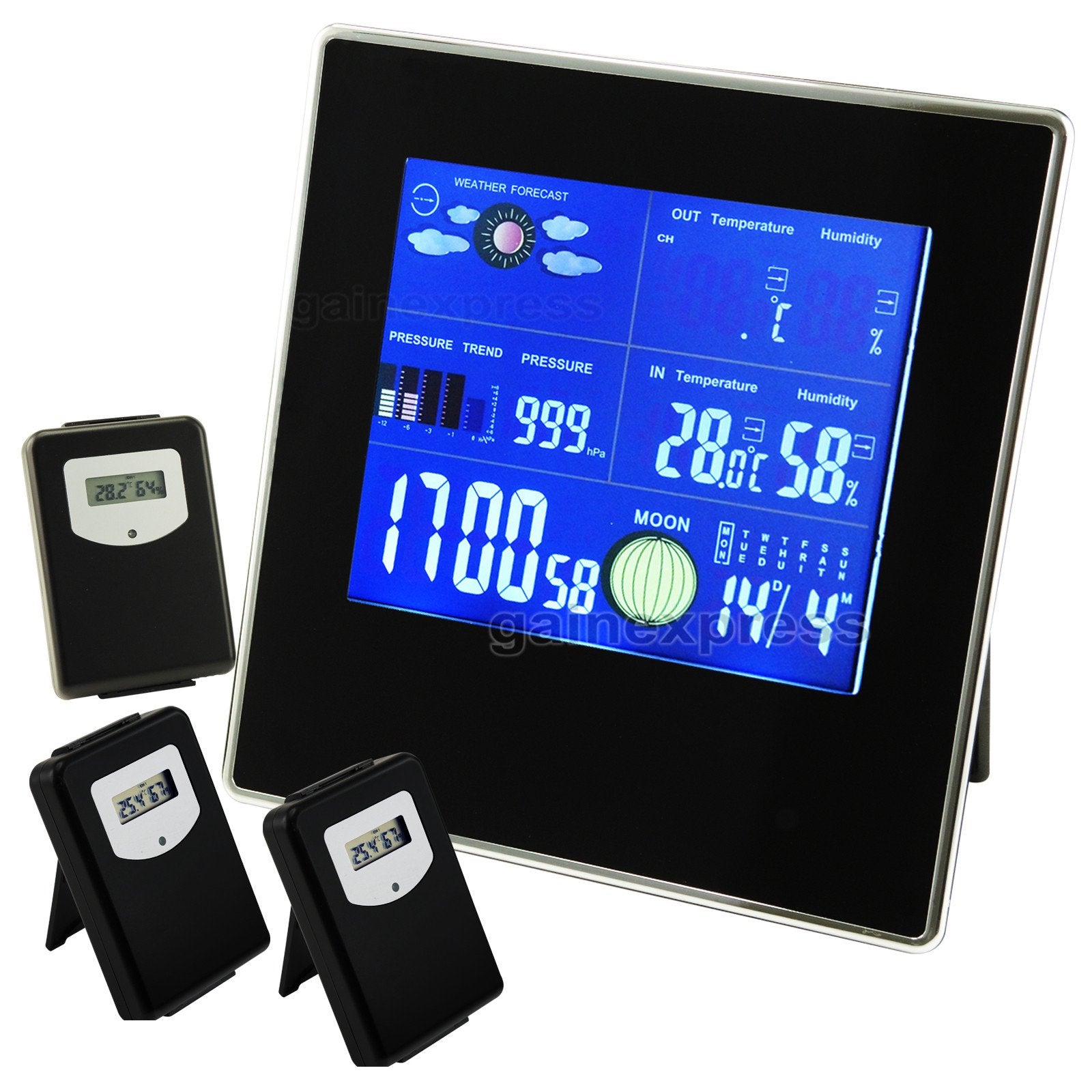 S08S620PV_3S Wireless Weather Station Indoor/Outdoor Temperature Humidity RH Air Pressure RCC DCF Barometer with Bar Chart + 3 sensors 110V / 220V Fashion