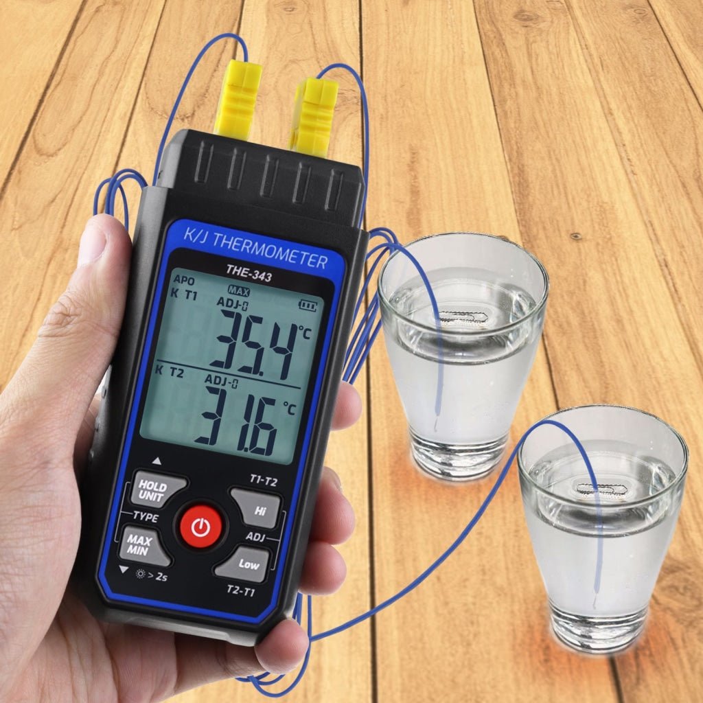 THE-343 K/J Thermocouple Thermometer Dual Channel Temperature Meter Tester 4 K-Type Probes with Temperature Compensation and Alarm Function