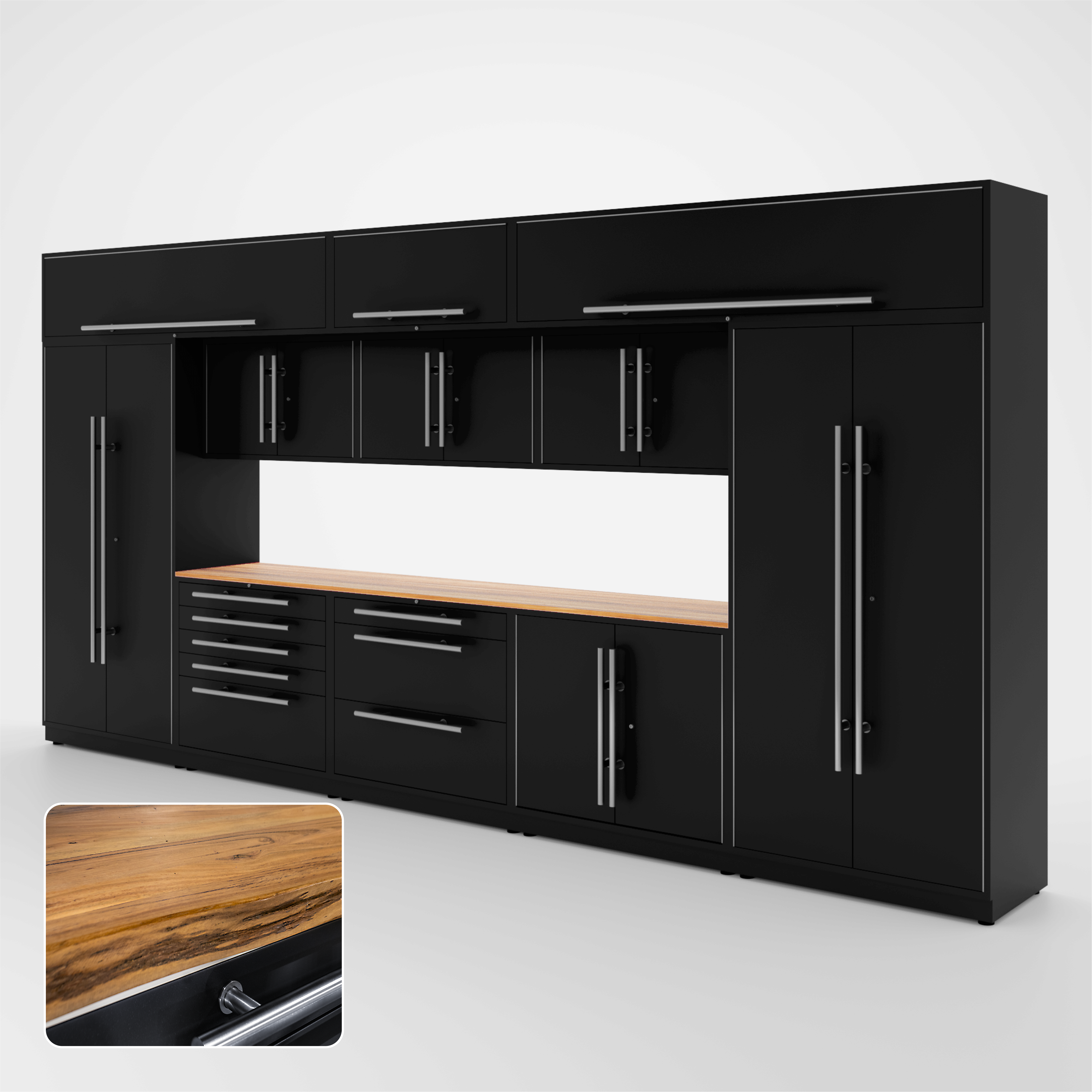 Proslat Lux Cabinets Black 12 Piece Set with Live Edge Wood Worktop – LUXSET160571 Supply