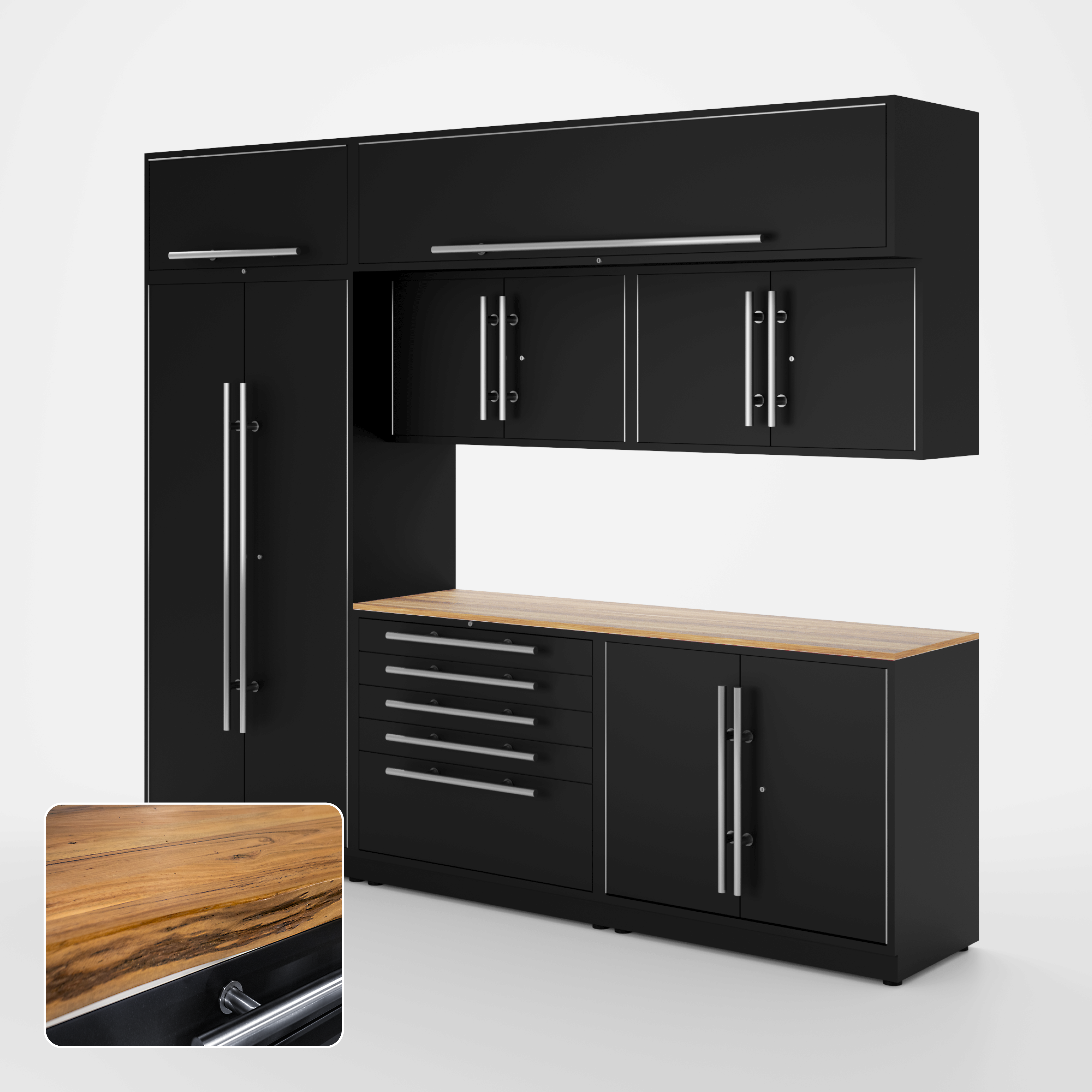 Proslat Lux Cabinets Black 8 Piece Set with Live Edge Wood Worktop – LUXSET100571