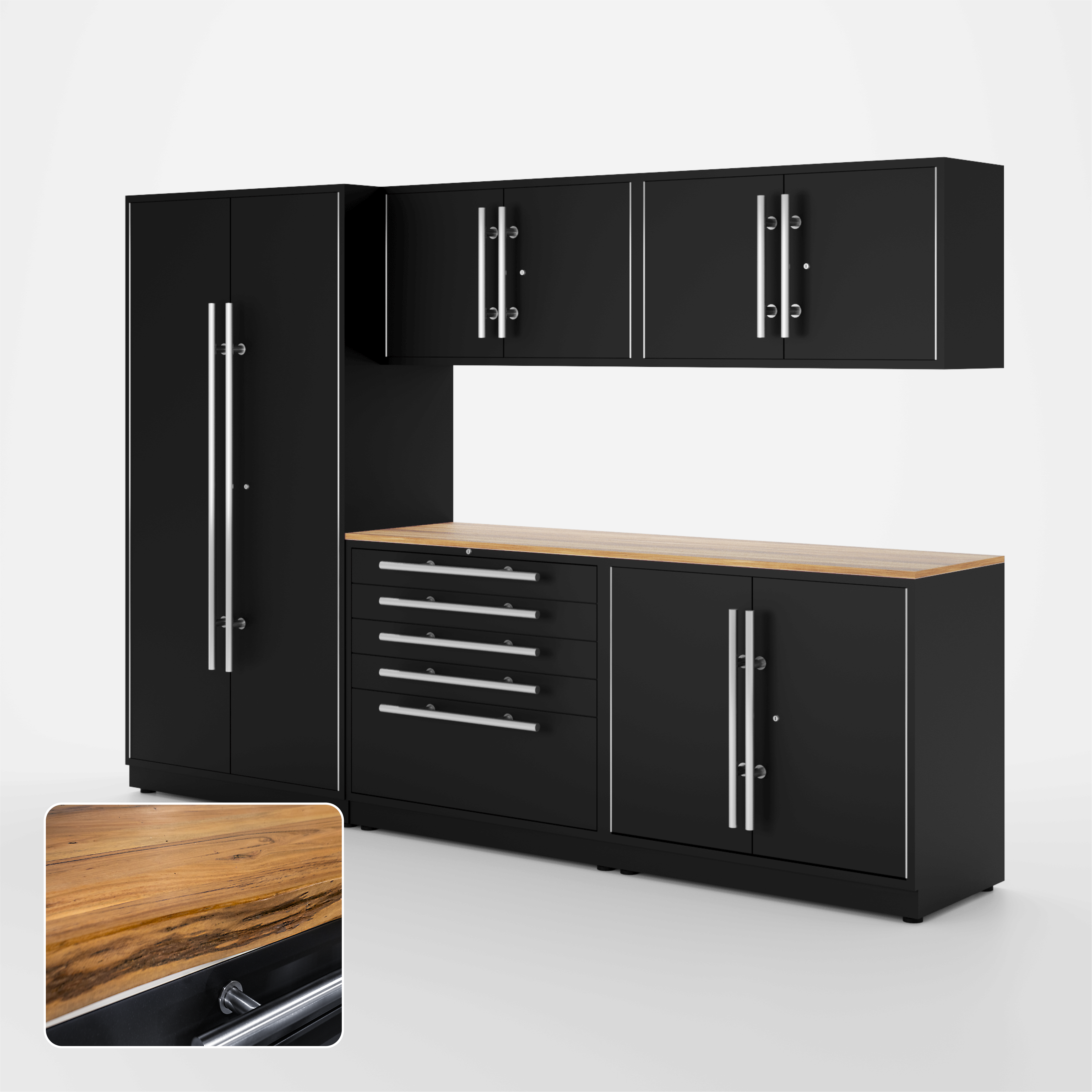 Proslat Lux Cabinets Black 6 Piece Set with Live Edge Wood Worktop – LUXSET100561