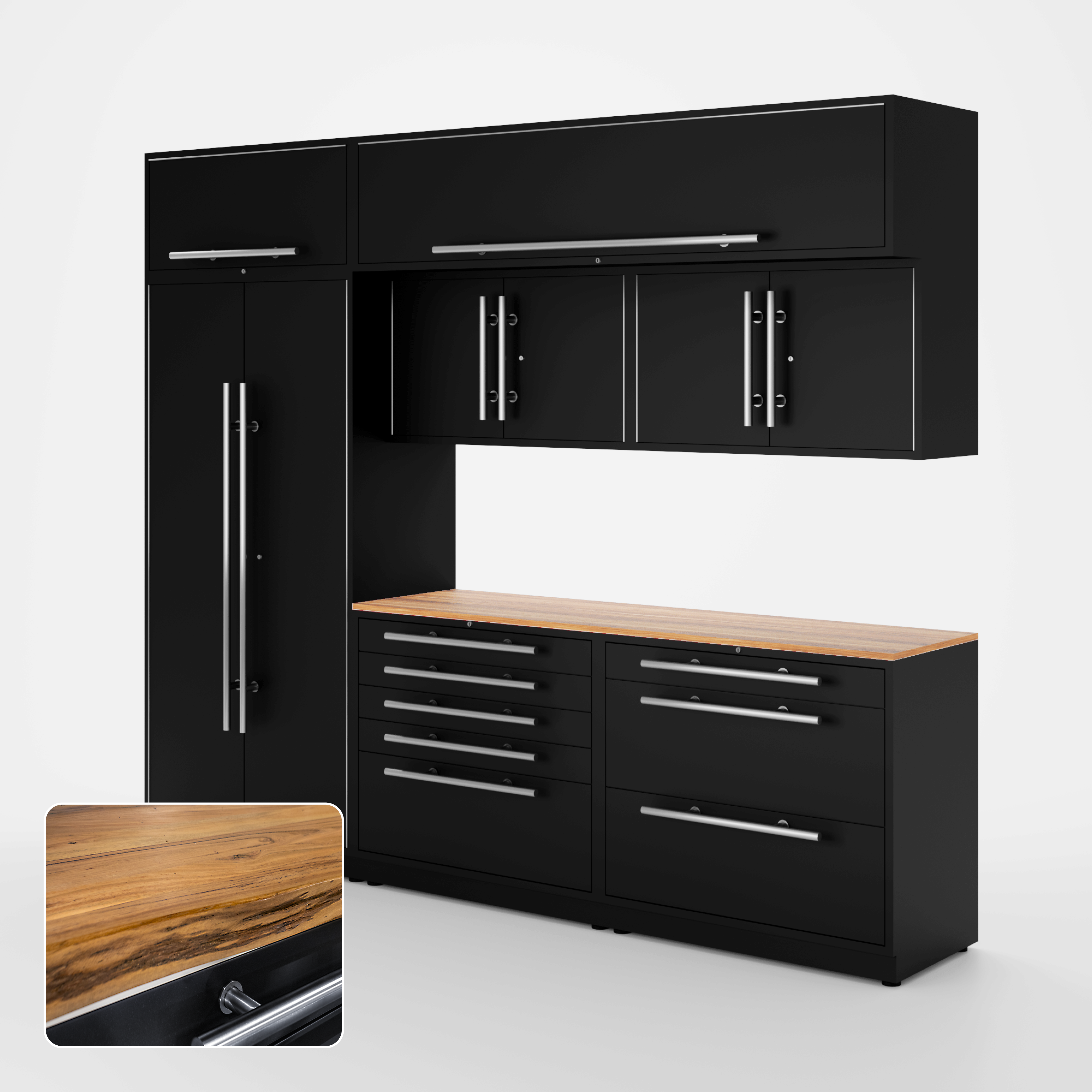 Proslat Lux Cabinets Black 8 Piece Set with Live Edge Wood Worktop – LUXSET100591