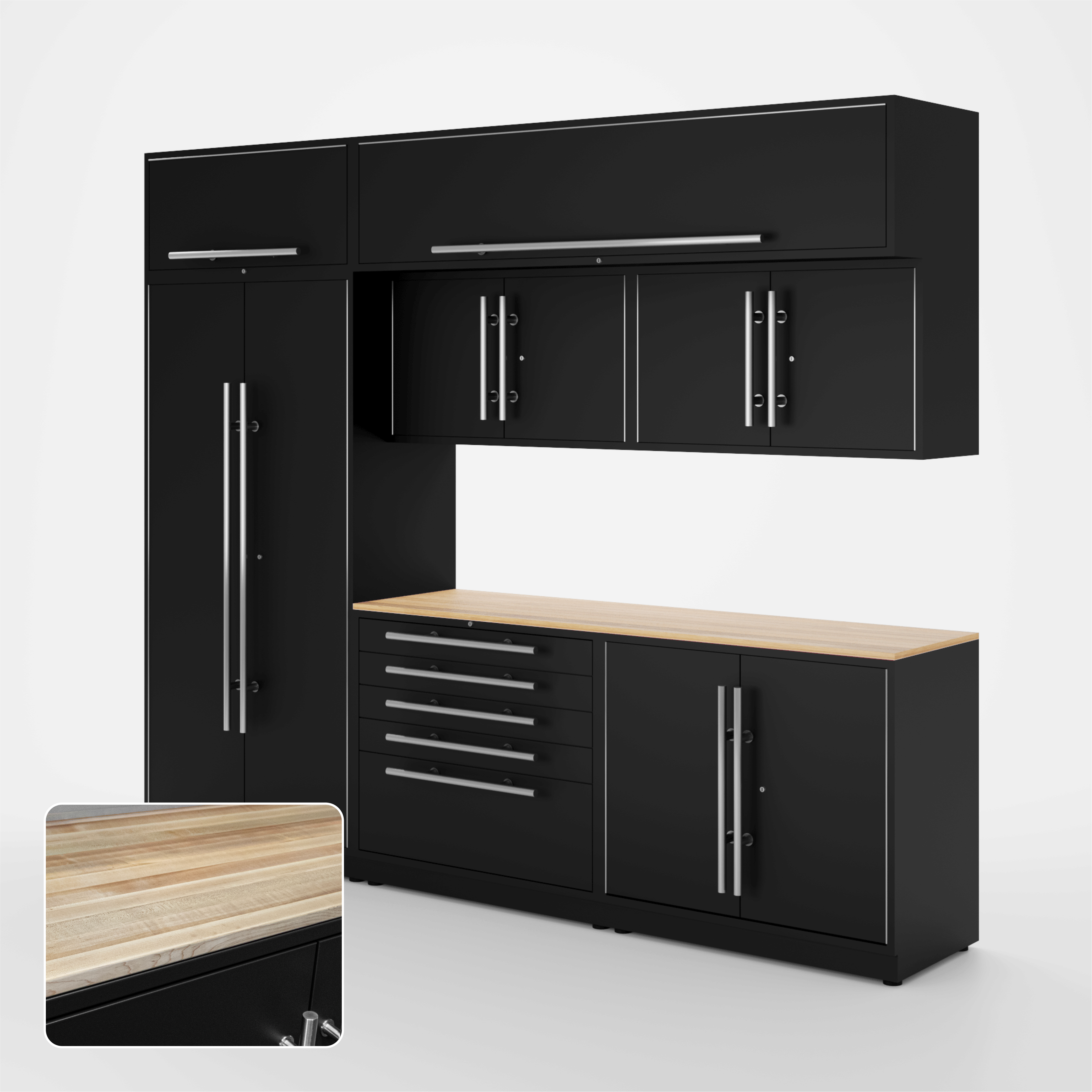 Proslat Lux Cabinets Black 8 Piece Set with Maple Wood Worktop – LUXSET100691