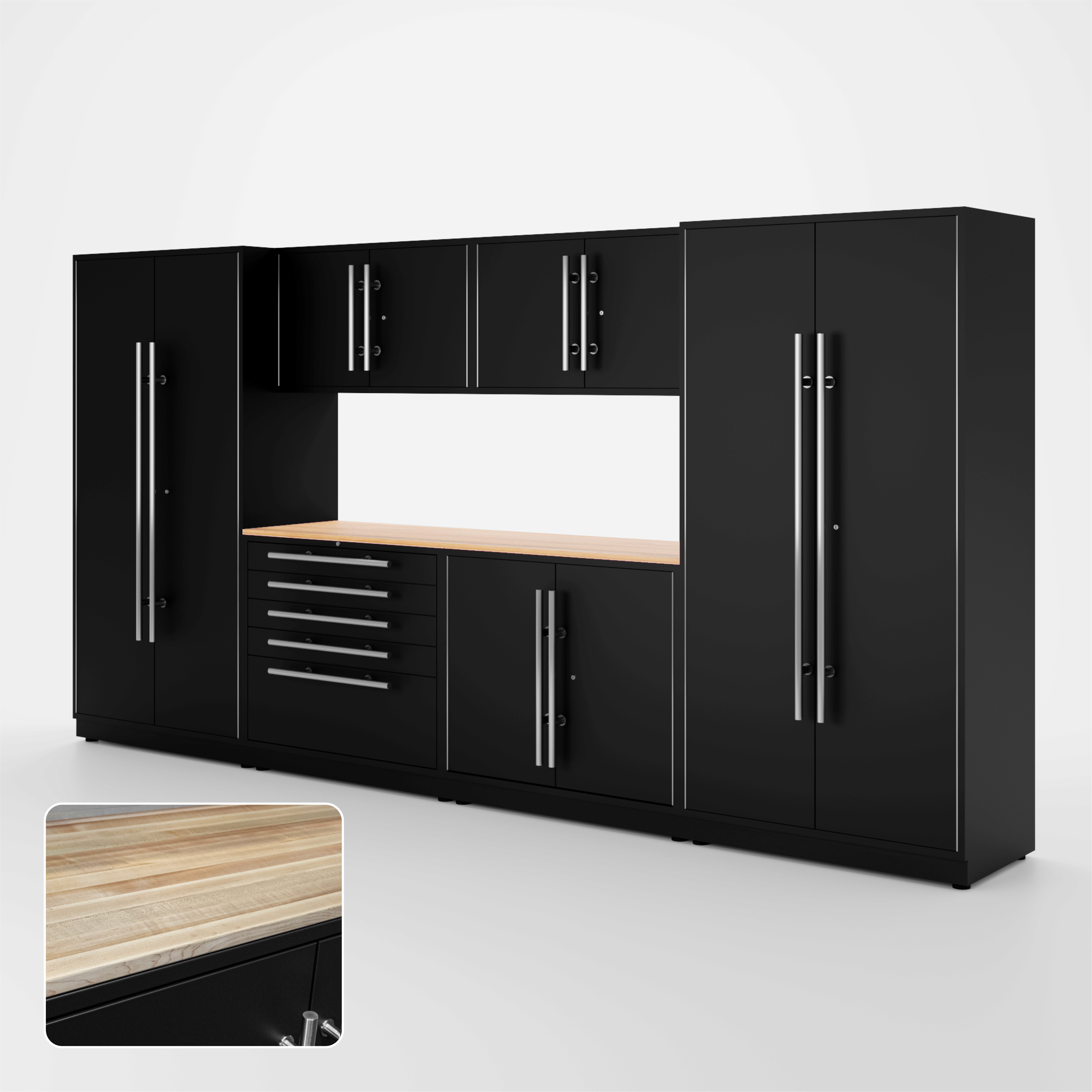 Proslat Lux Cabinets Black 7 Piece Set with Maple Wood Worktop – LUXSET130681