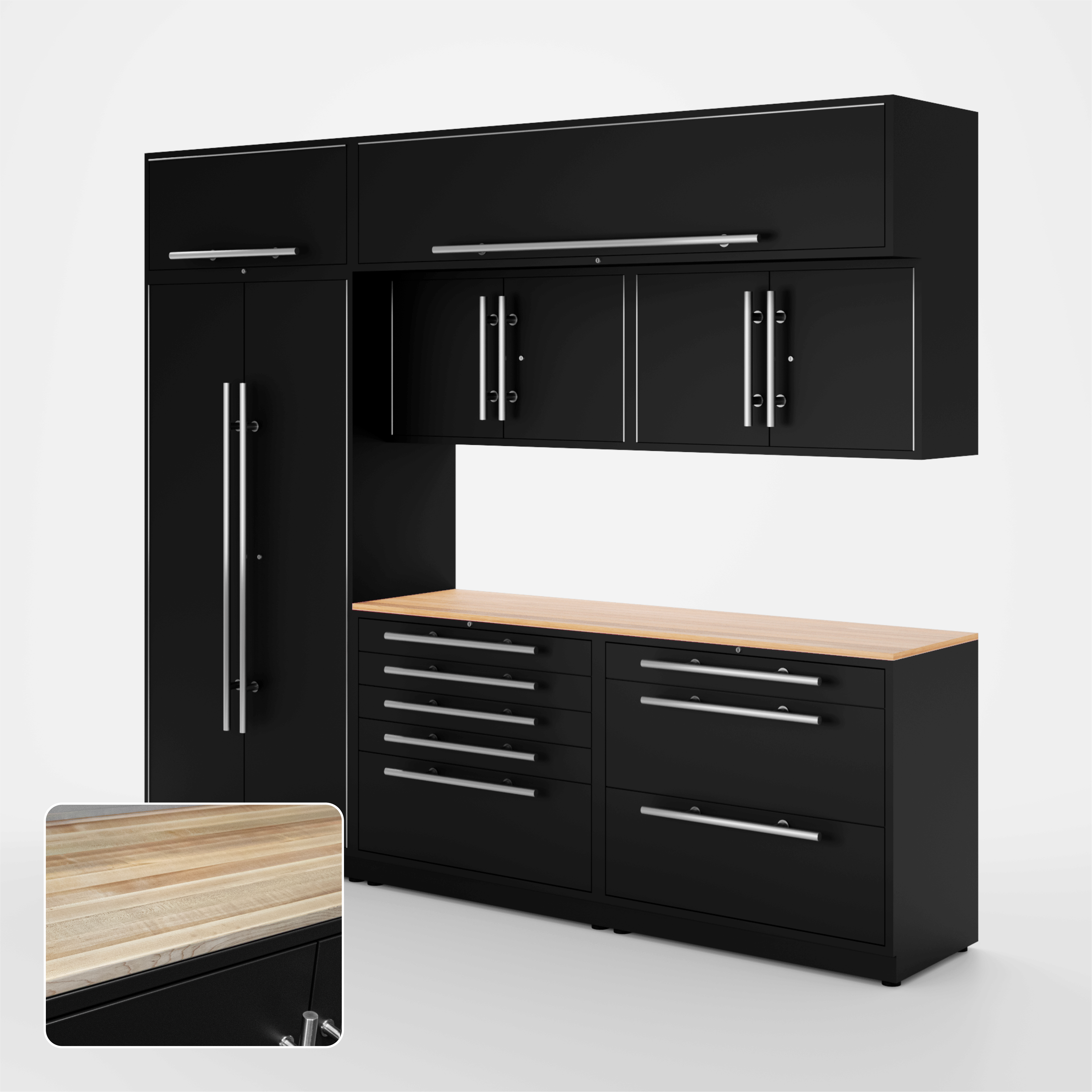 Proslat Lux Cabinets Black 8 Piece Set with Maple Wood Worktop – LUXSET100711 Sale
