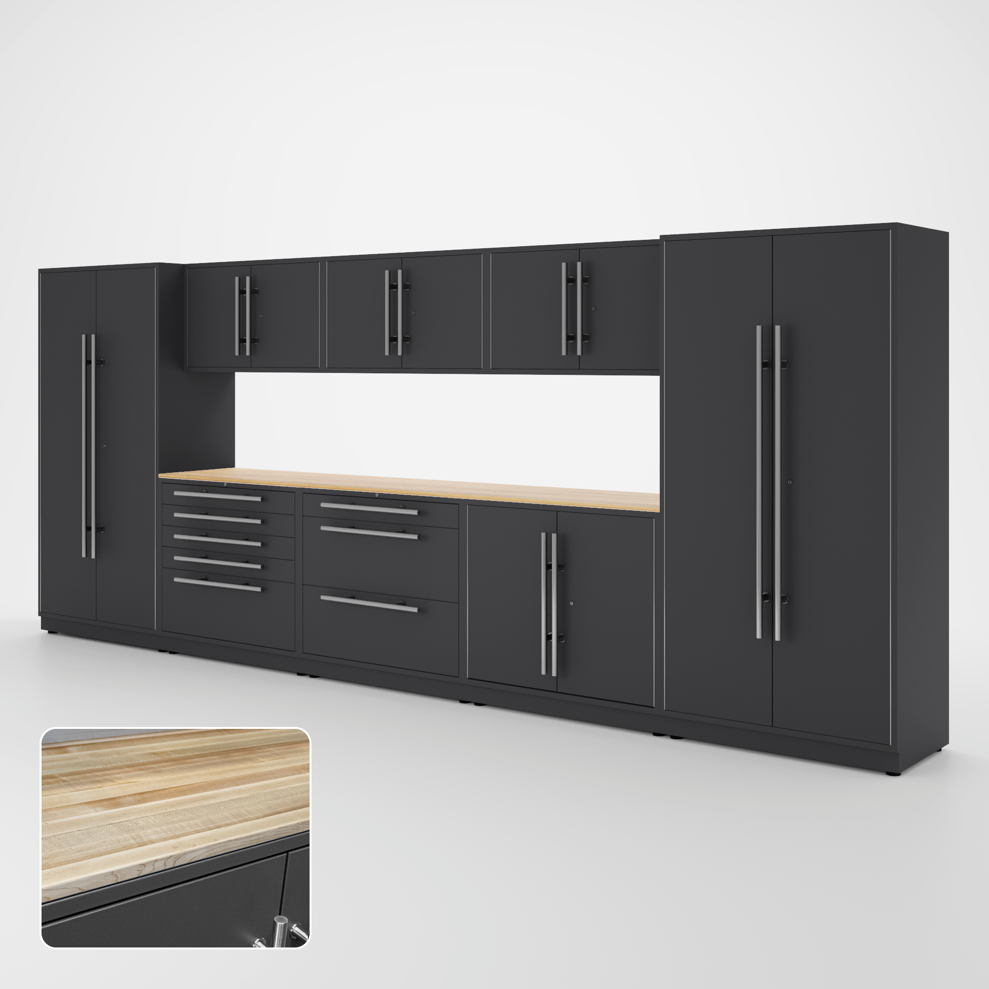 Proslat Lux Cabinets Gray 9 Piece Set with Maple Wood Worktop – LUXSET160501 Supply
