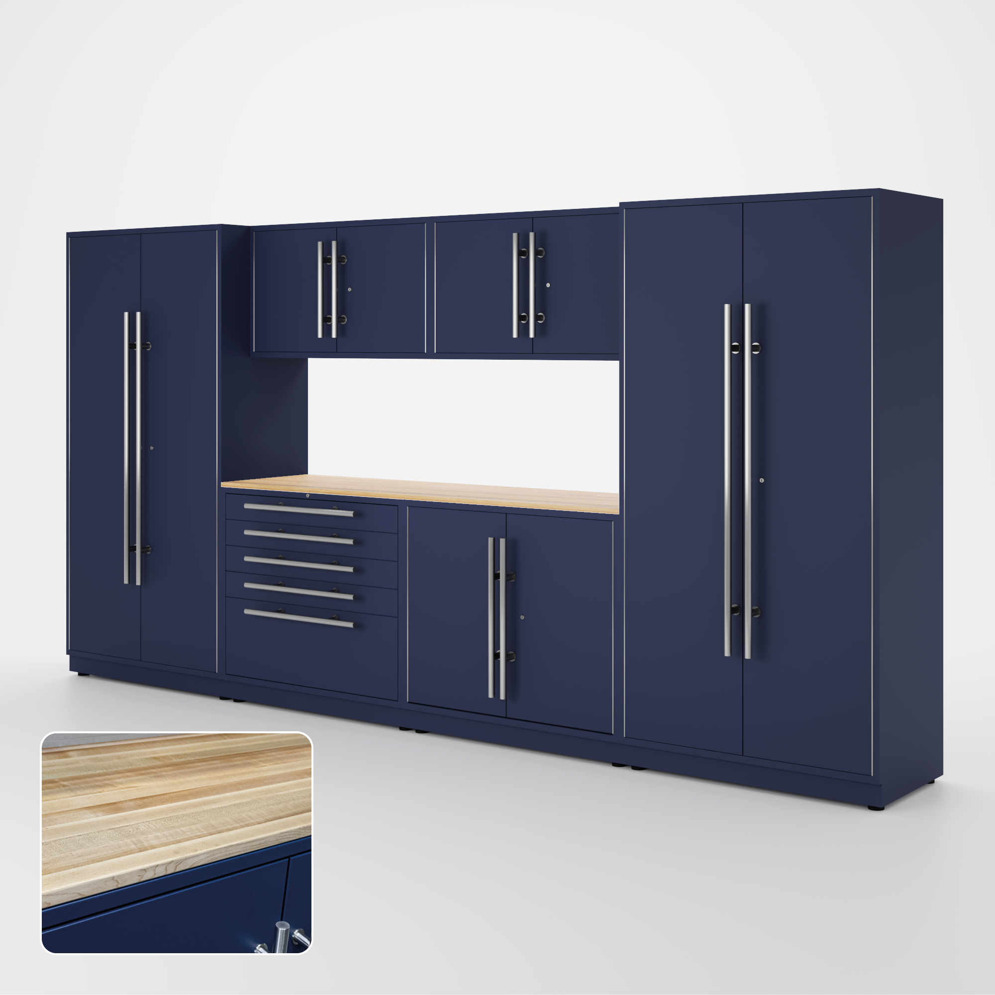 Proslat Lux Cabinets Blue 7 Piece Set with Maple Wood Worktop – LUXSET130861