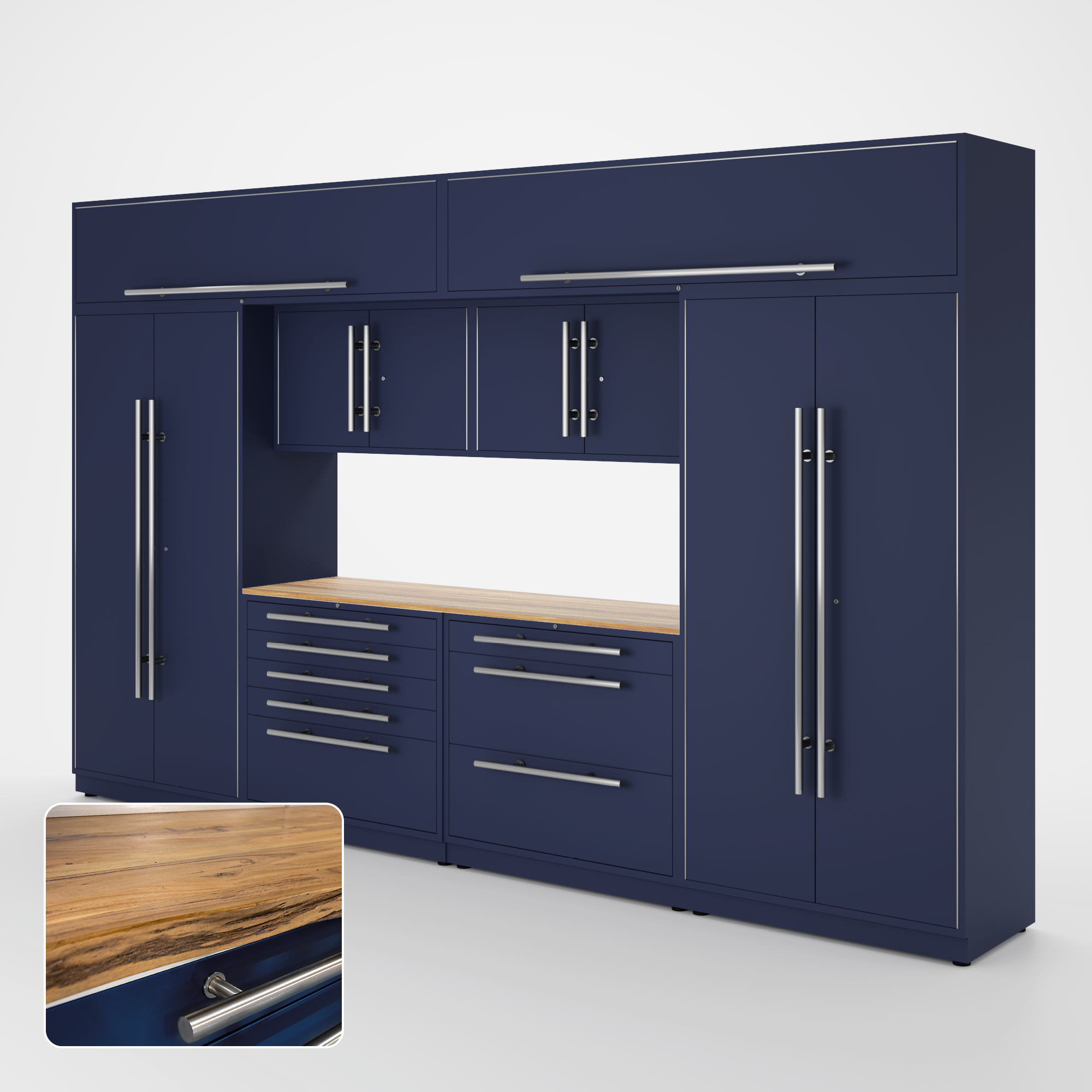 Proslat Lux Cabinets Blue 9 Piece Set with Live Edge Wood Worktop – LUXSET130771