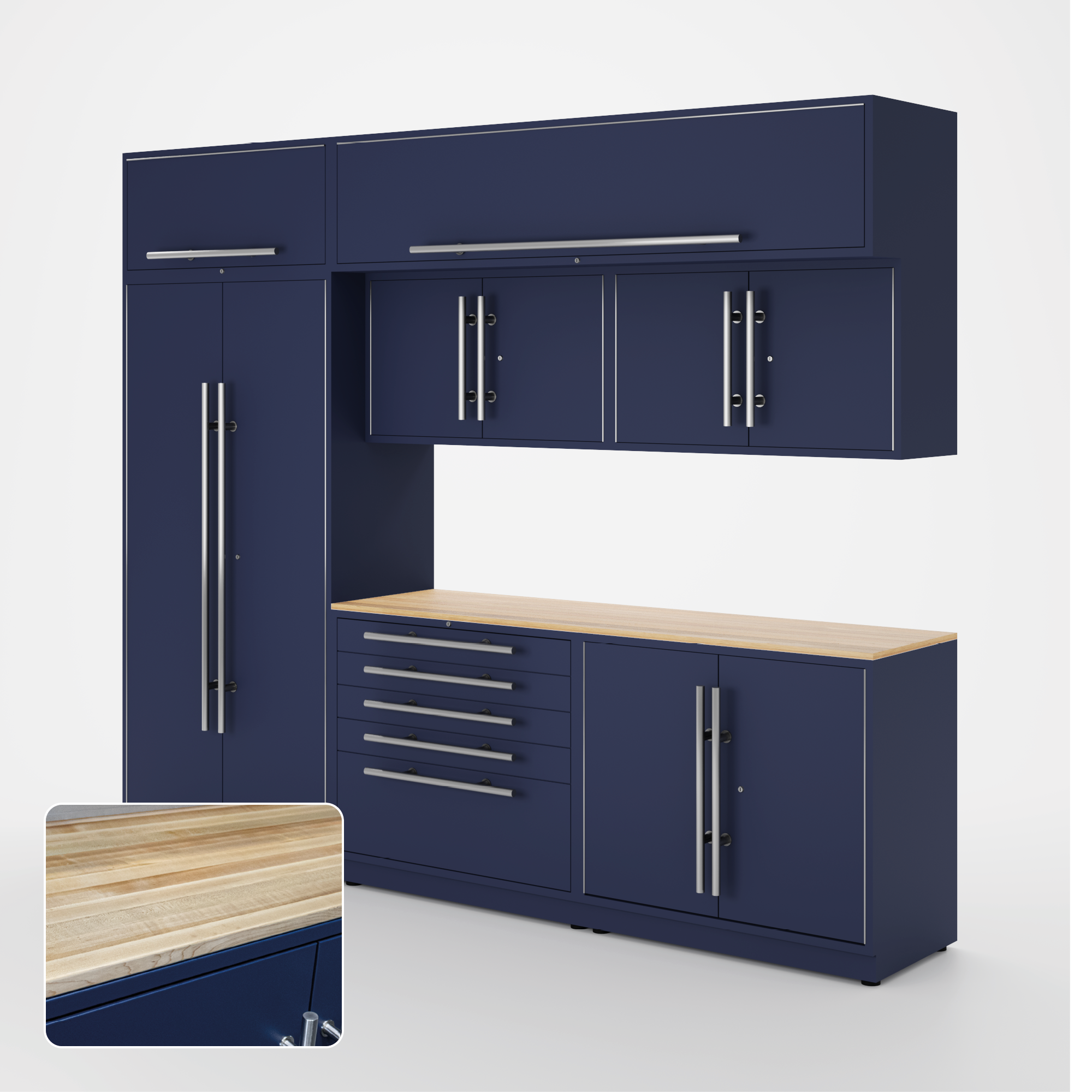 Proslat Lux Cabinets Blue 8 Piece Set with Maple Wood Worktop – LUXSET100871