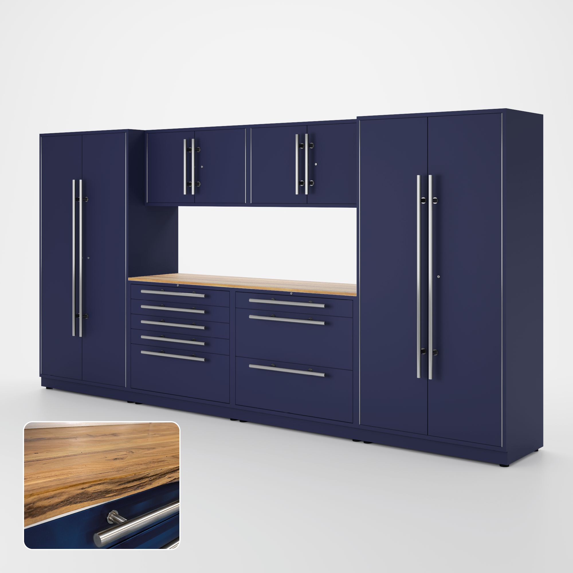 Proslat Lux Cabinets Blue 7 Piece Set with Live Edge Wood Worktop – LUXSET130761