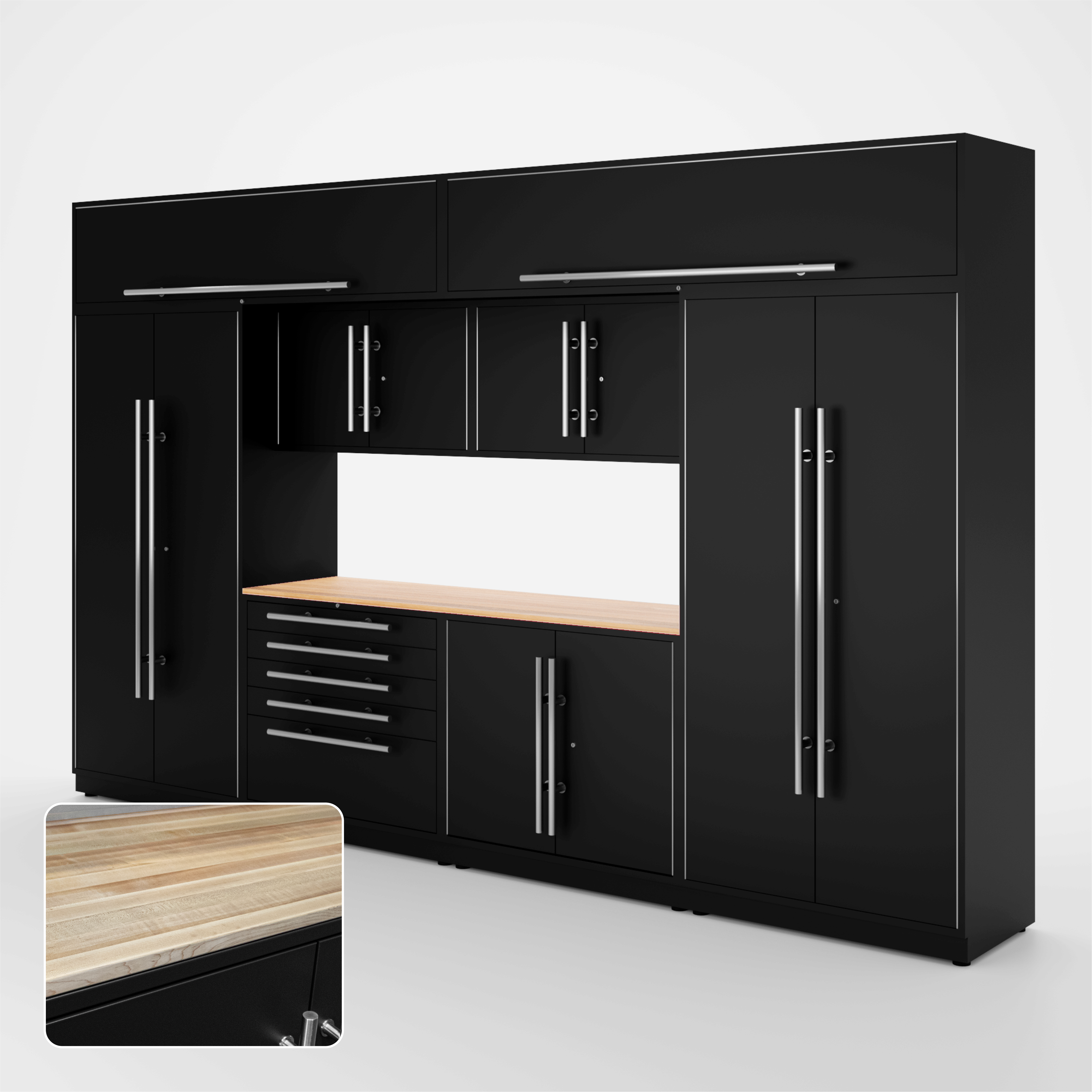Proslat Lux Cabinets Black 9 Piece Set with Maple Wood Worktop – LUXSET130691 on Sale
