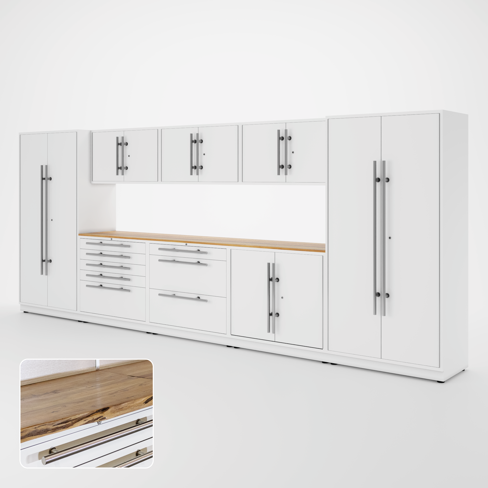 Proslat Lux Cabinets White 9 Piece Set with Live Edge Wood Worktop – LUXSET160021