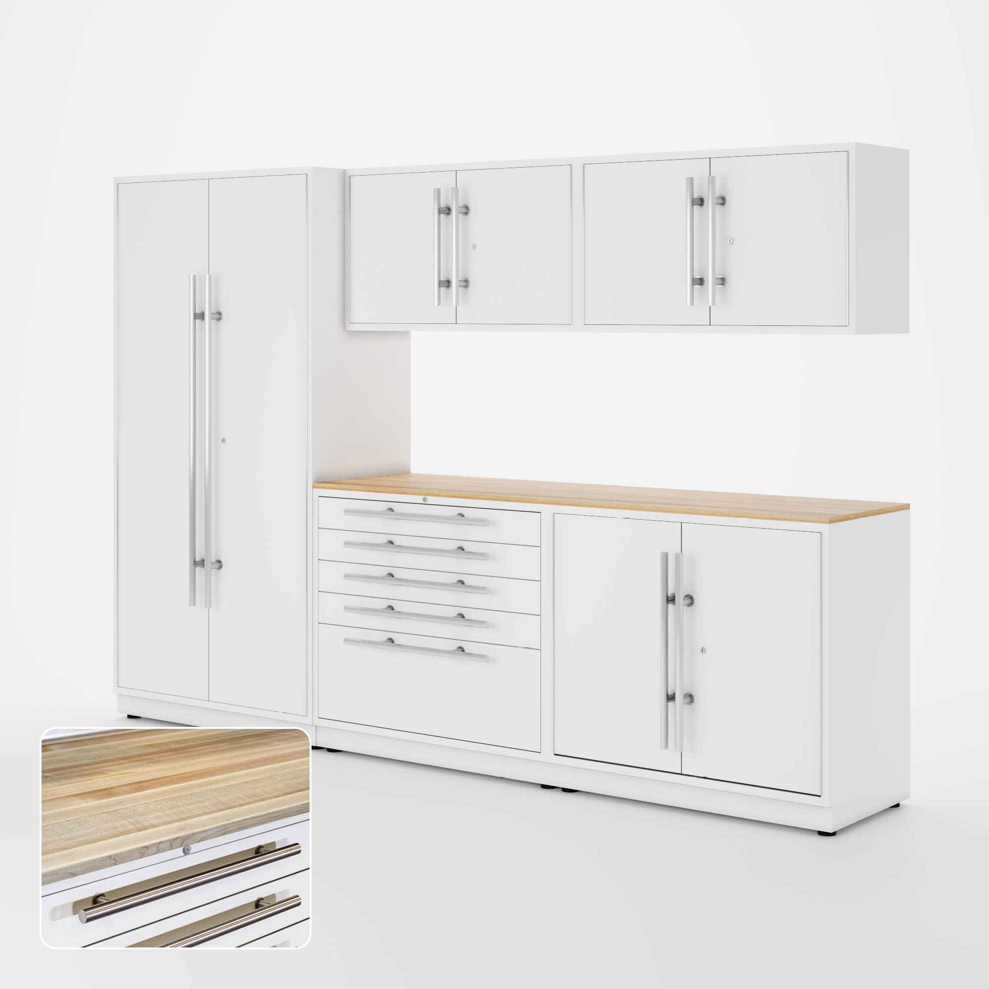 Proslat Lux Cabinets White 6 Piece Set with Maple Wood Worktop – LUXSET100141