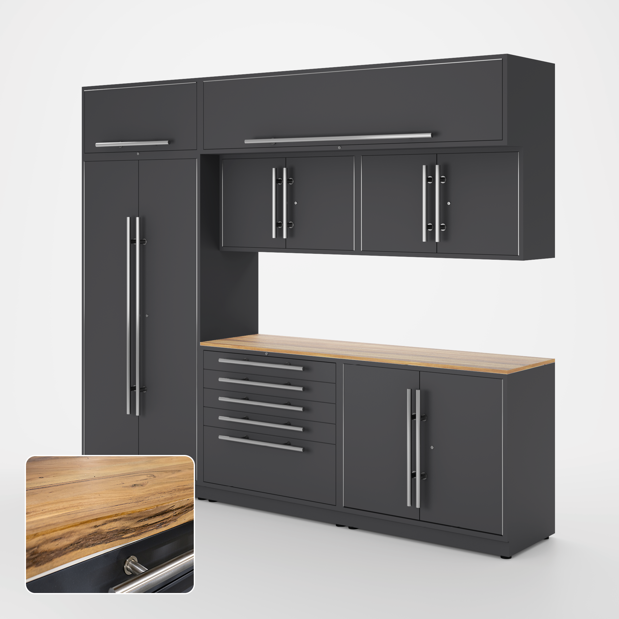 Proslat Lux Cabinets Gray 8 Piece Set with Live Edge Wood Worktop – LUXSET100391 Discount
