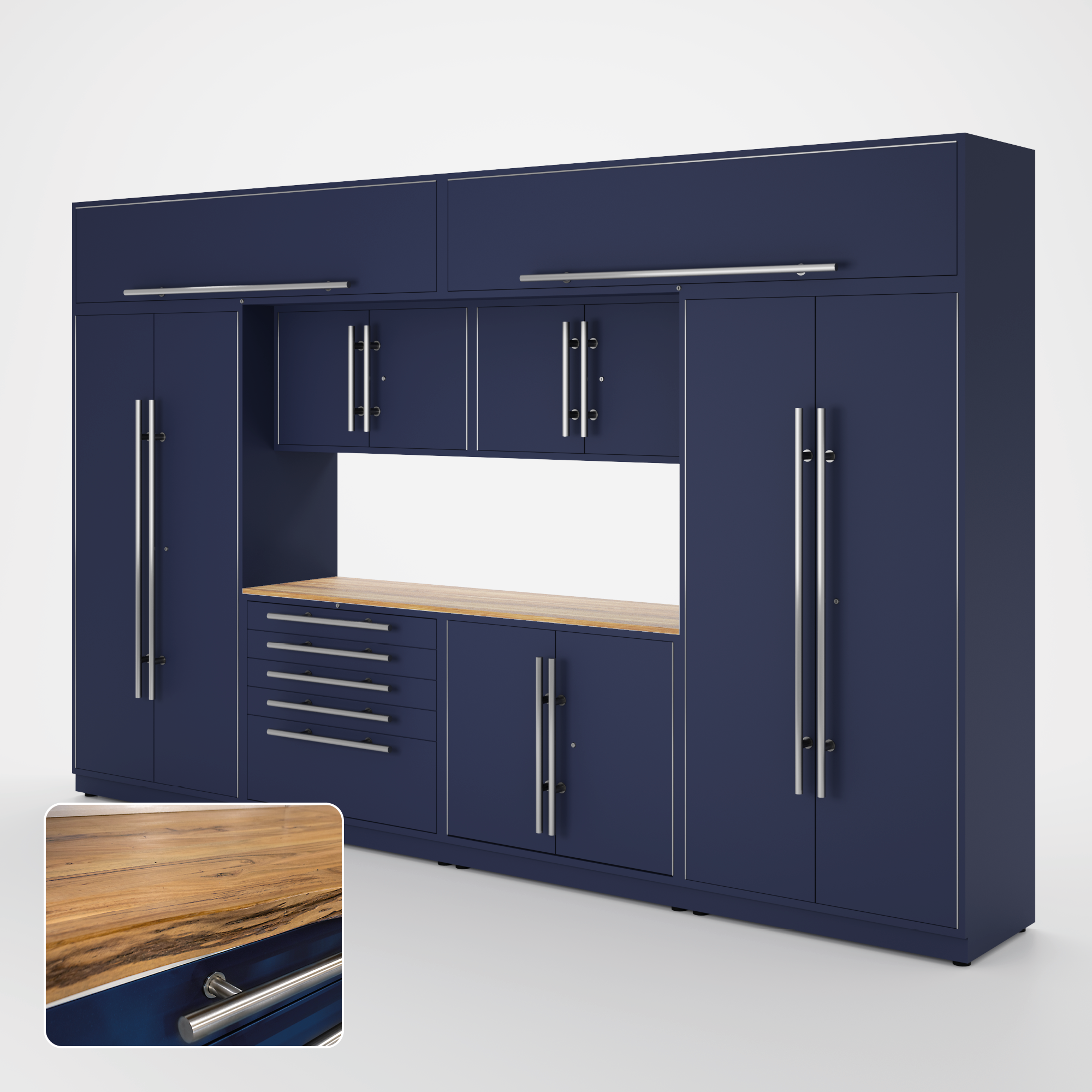Proslat Lux Cabinets Blue 9 Piece Set with Live Edge Wood Worktop – LUXSET130751