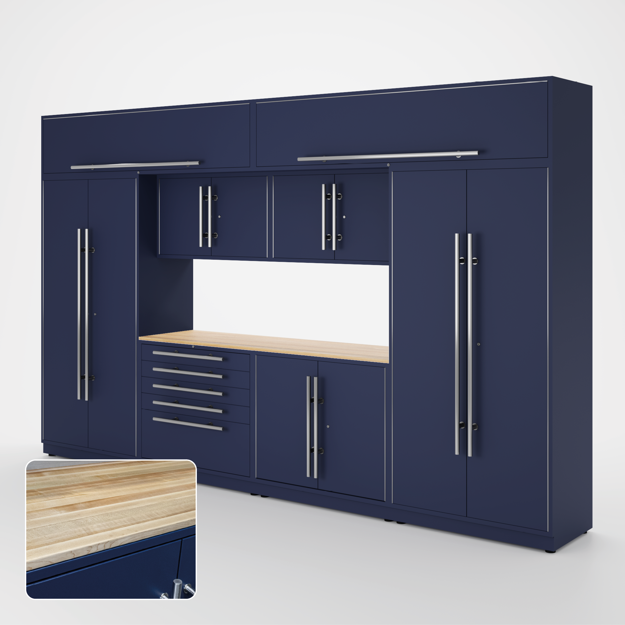Proslat Lux Cabinets Blue 9 Piece Set with Maple Wood Worktop – LUXSET130871