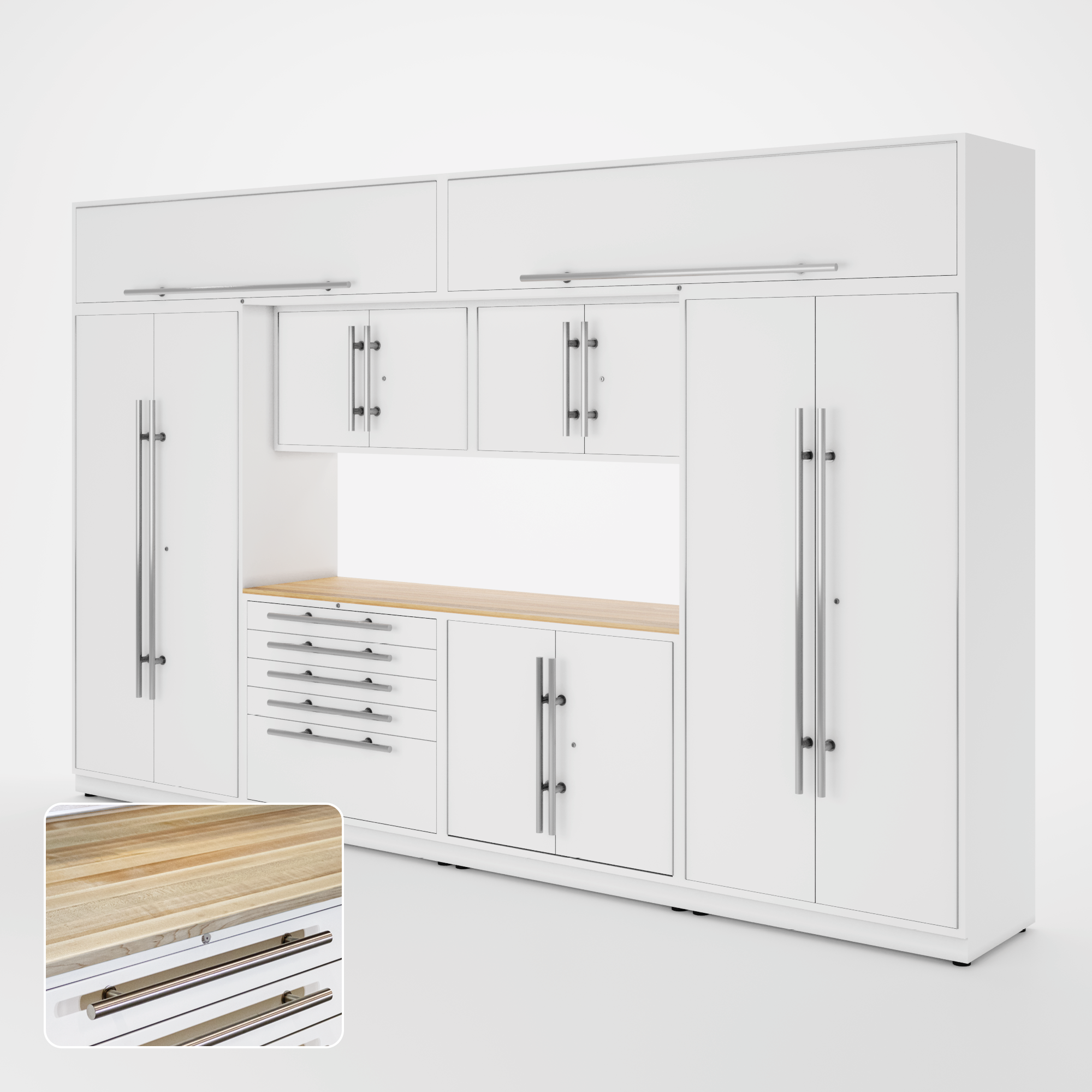 Proslat Lux Cabinets White 9 Piece Set with Maple Wood Worktop – LUXSET130151