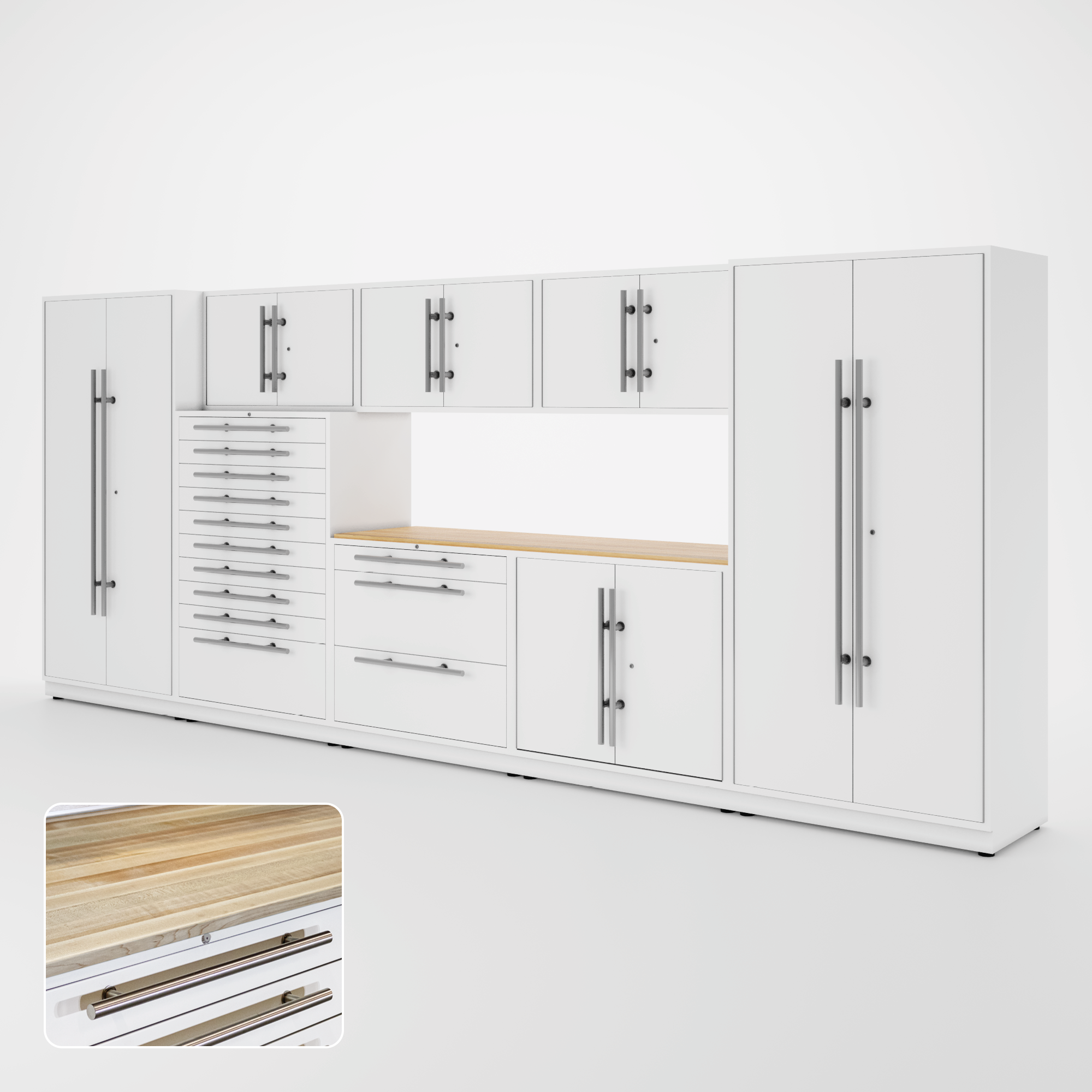 Proslat Lux Cabinets White 9 Piece Set with Maple Wood Worktop – LUXSET160161