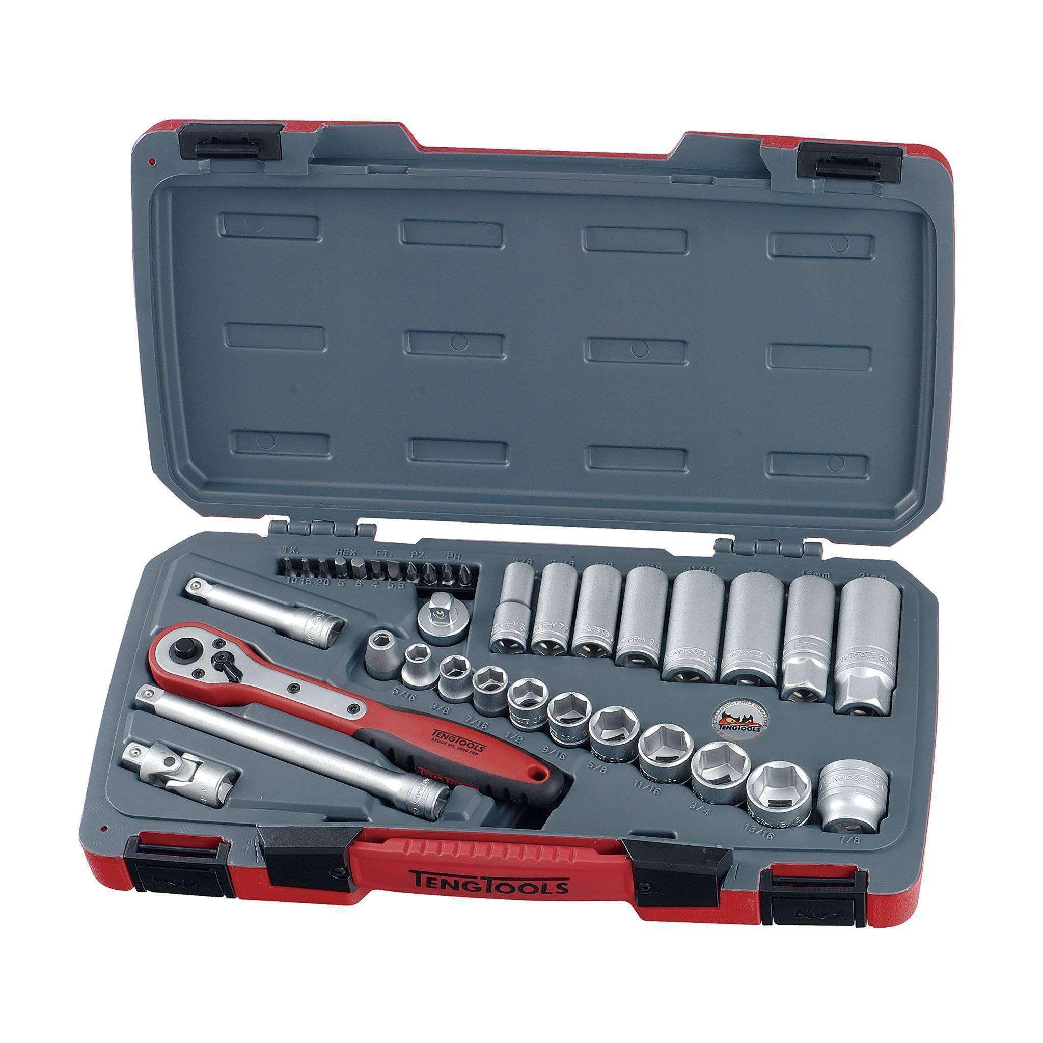Teng Tools 35 Piece 3/8 Inch Drive 6 Point SAE Regular/Shallow & Deep Socket Set – T3835AF on Sale
