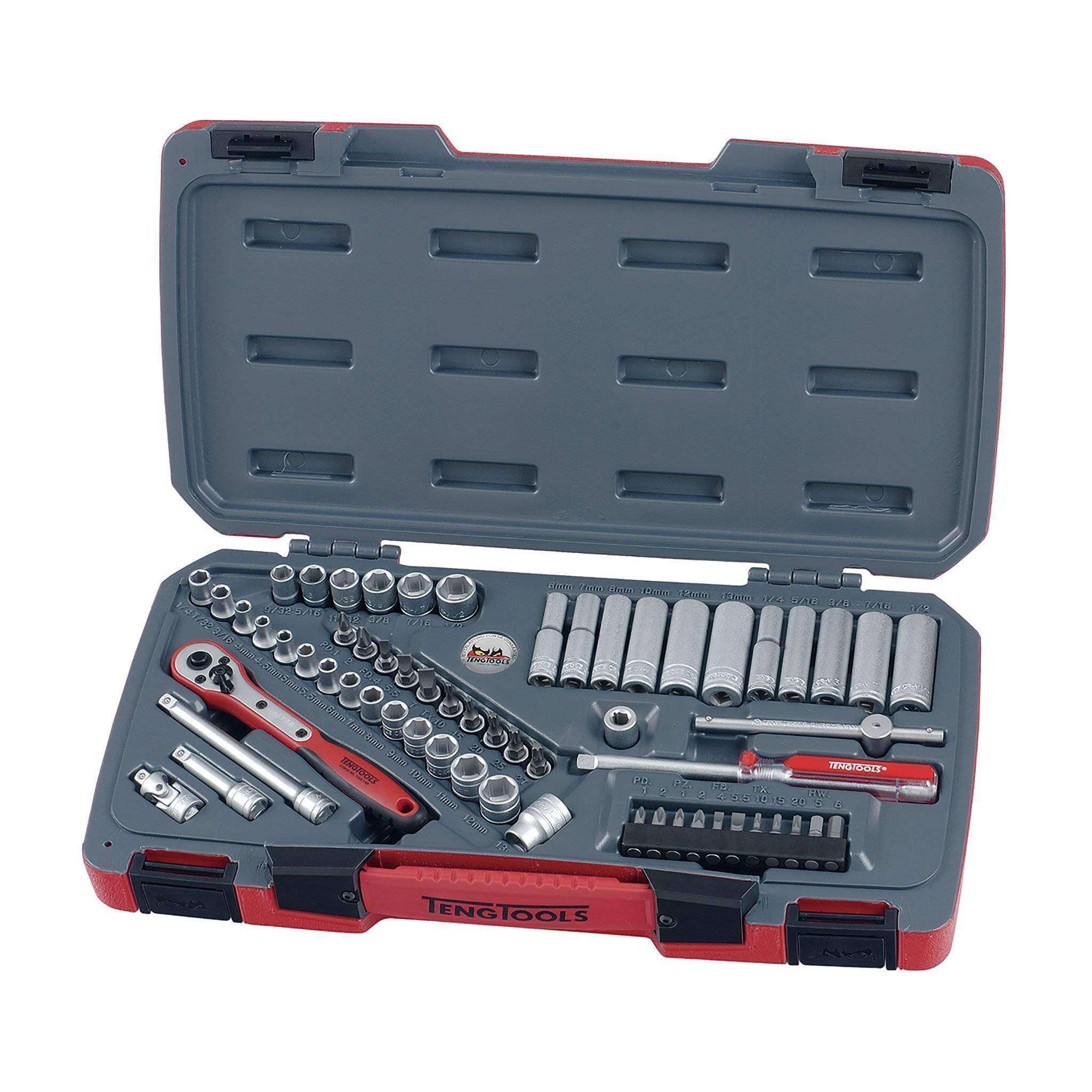 Teng Tools 60 Piece 1/4 Inch Drive 6 Point Metric & SAE Regular/Shallow & Deep Socket Set – T1460
